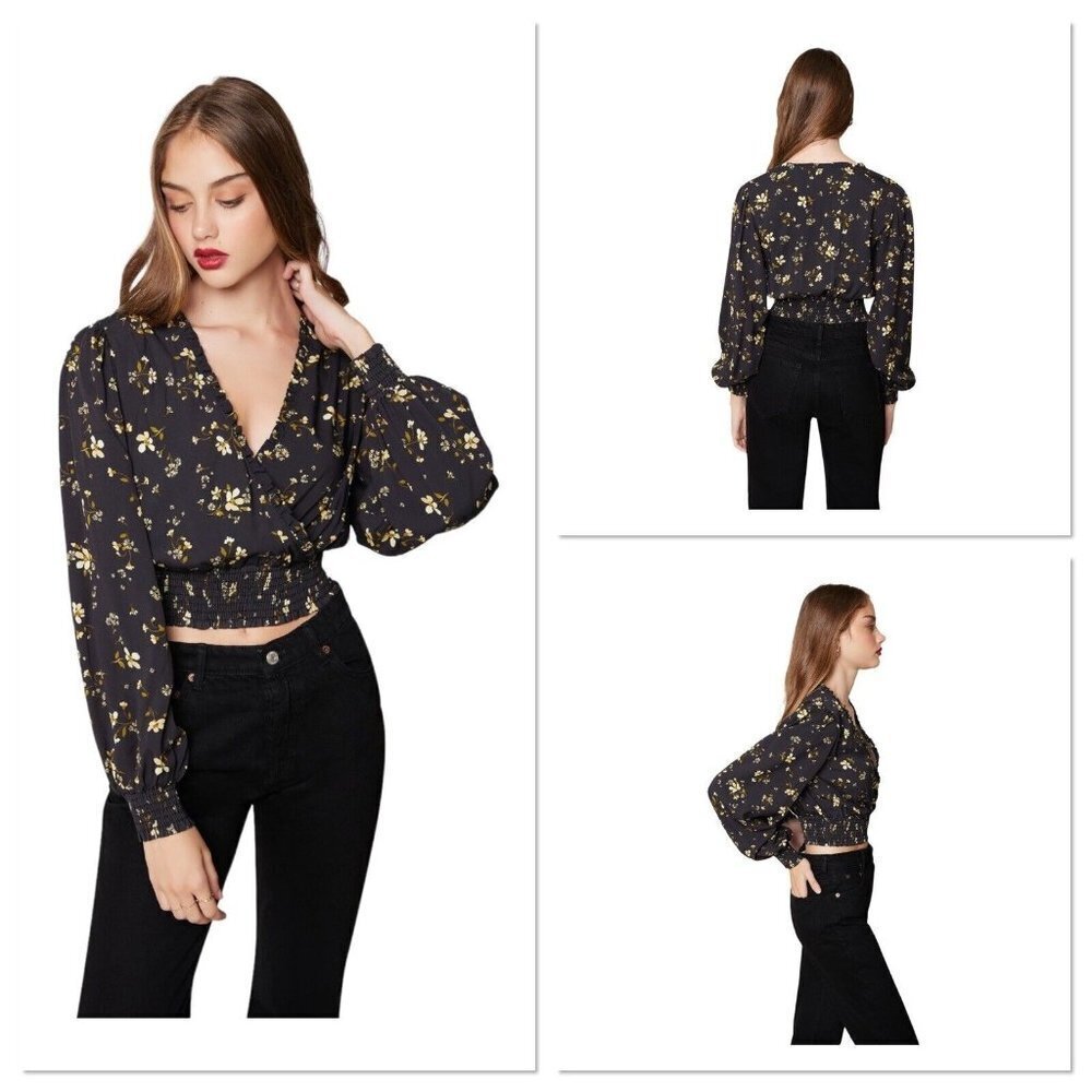 Lost + Wander Champagne Daisy Floral Long Sleeve Crop Top 1X Black Smocked NWT